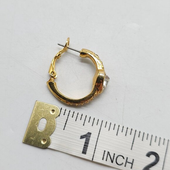 Vintage Gold Tone Crystal Heart Hoop Earrings French Back Pierced 1980-90s - Picture 4 of 4
